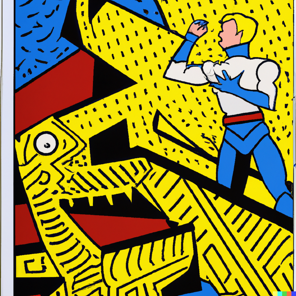 Roy Lichtenstein painting of Captain Kirk fighting the Gorn